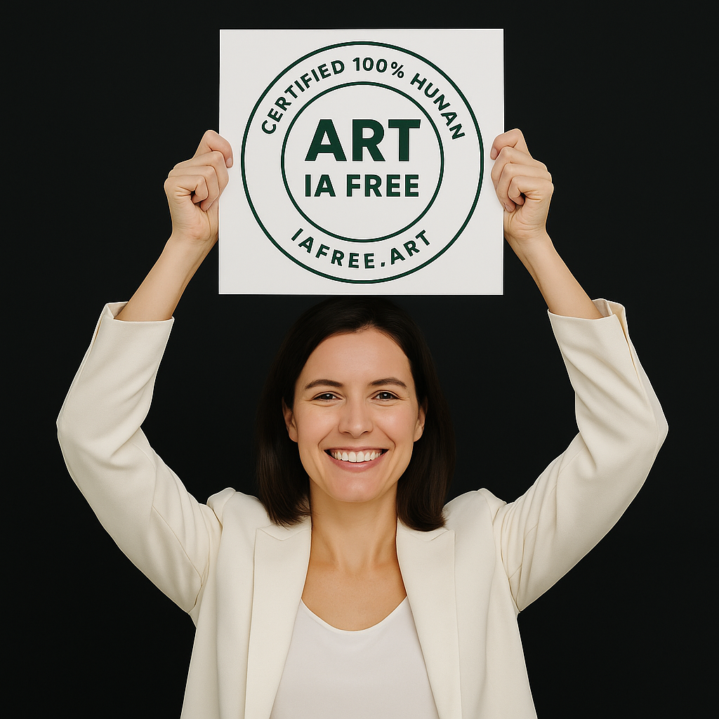 Una chica con un traje blanco lleva las manos levantadas con un cartel. El cartel es el sello de nuestra marca. La imagen tiene un fondo negro como de estudio. La chica está sonriendo